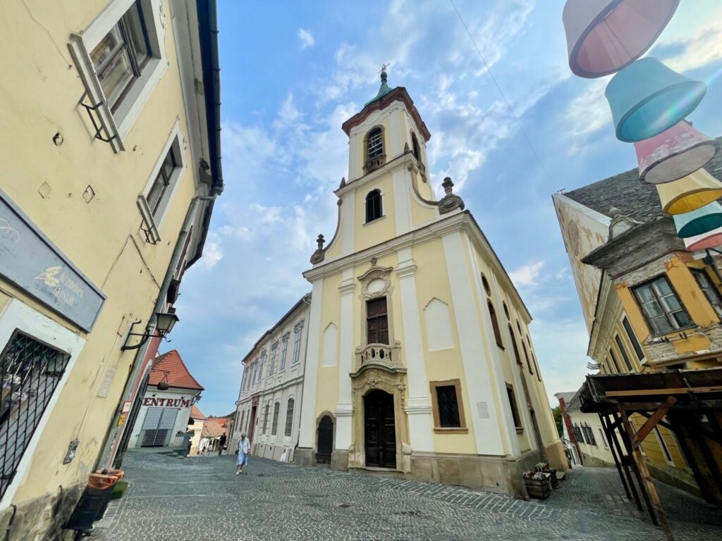 St John’s Church rising above the cobbled streets of Szentendre’s old town