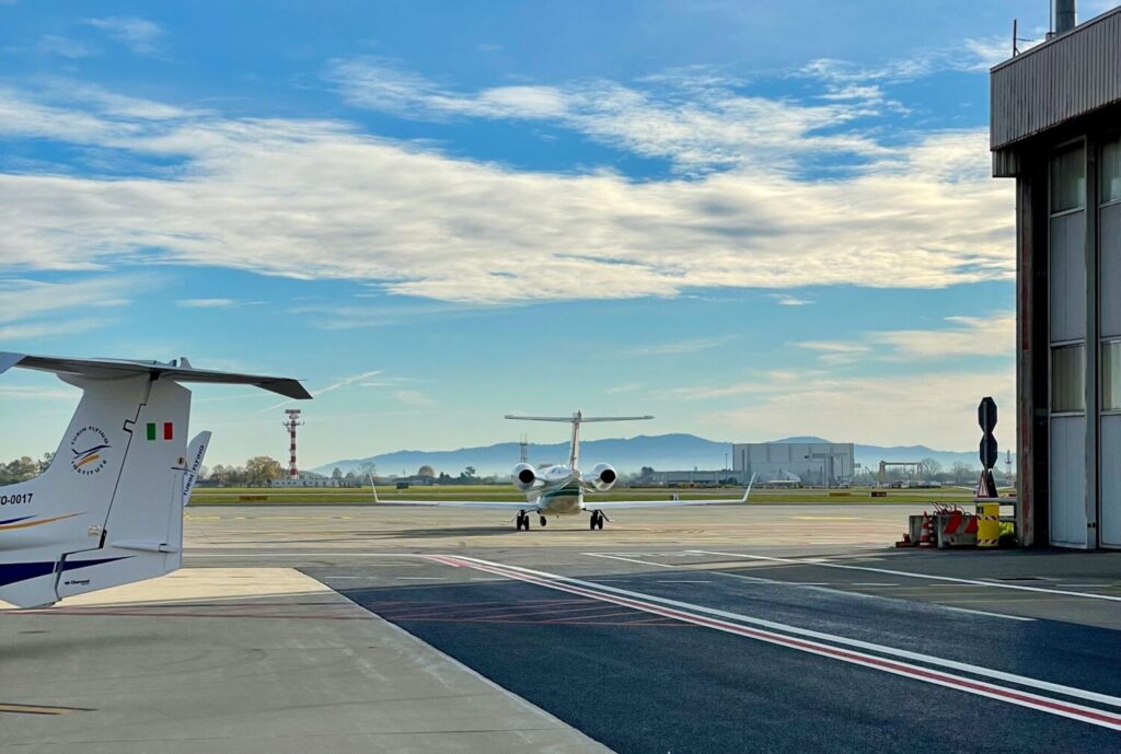 Private jet departing from the general aviation terminal at Turin Airport, photographed during one of my flying lessons